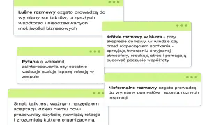 Luźne rozmowy, pytania o weekend i small talk to świetne tematy do rozmowy, budujące relacje i inspirujące.