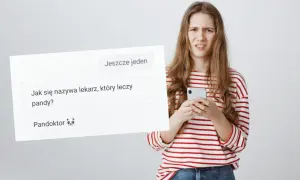 Dziewczyna z telefonem w ręku, z miną mówiącą "google opowiedz kawał", widzi żart: "Jak się nazywa lekarz, który leczy pandy? Pandoktor 🐼".