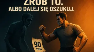 Dwa oblicza mężczyzny: jeden zrezygnowany, drugi silny i zdeterminowany. Między nimi kartka z napisem "90 DNI". To motywacja dla każdego, kto chce coś zmienić, kiedy facet pisze codziennie.
