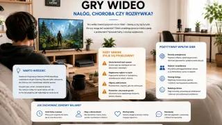 Chłopak gra w gry wideo, które mogą być rozrywką lub nałogiem. Gry codziennie nowe, ale klucz to umiar i świadome granie.