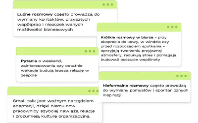 Luźne rozmowy, pytania o weekend i small talk to świetne tematy do rozmowy, budujące relacje i inspirujące.