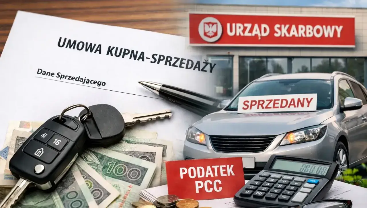 Umowa kupna-sprzedaży auta, kluczyki, pieniądze i kalkulator. Jak uniknąć VAT przy sprzedaży samochodu? Podatek PCC.