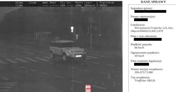 Biały Land Rover Defender przekracza pasy na Grójeckiej w Warszawie z prędkością 66 km/h przy ograniczeniu do 50 km/h. Jak uniknąć mandatu z fotoradaru? Zwalniaj!