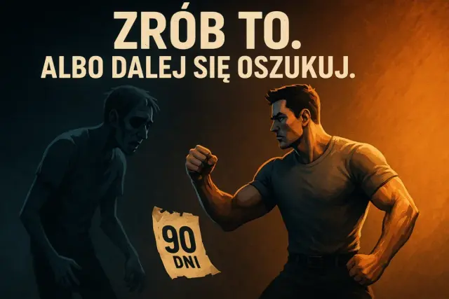 Dwa oblicza mężczyzny: jeden zrezygnowany, drugi silny i zdeterminowany. Między nimi kartka z napisem "90 DNI". To motywacja dla każdego, kto chce coś zmienić, kiedy facet pisze codziennie.