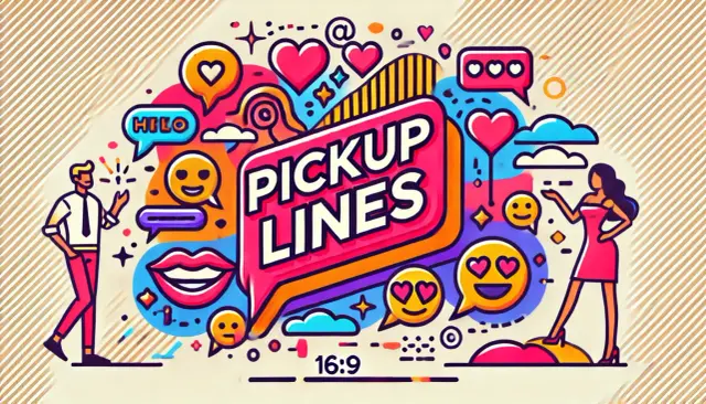 Kolorowa grafika z napisem "PICKUP LINES". Mężczyzna i kobieta stoją po bokach, otoczeni emotikonami i chmurkami. Może to być inspiracja, by powiedzieć jakiś kawał.